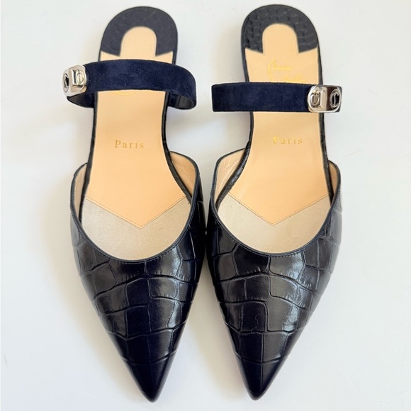 Christian Louboutin Dark Navy blue Choc lock flat calf ali embossed mules EU 40 - Picture 2 of 10